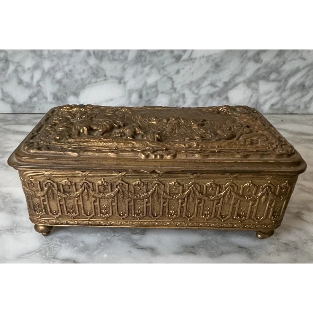 Antique Jennings Brothers Gilt Bronze Jewelry Trinket Box Relief Scene c.1900